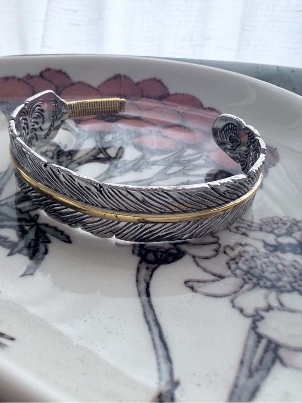 Silver and Gold Colored Metal Feather Cuff Bracelet with Gold Accent - Picture 1 of 3